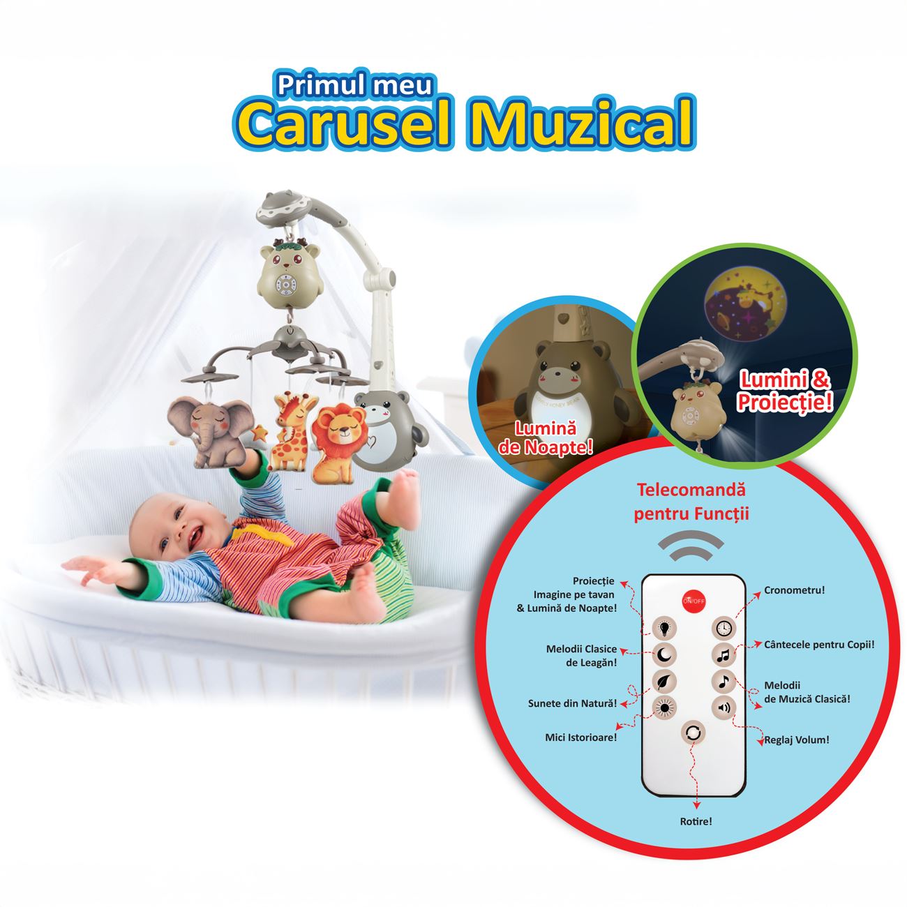 Carusel Muzical cu Animale Sunet Delicat & Proiector
