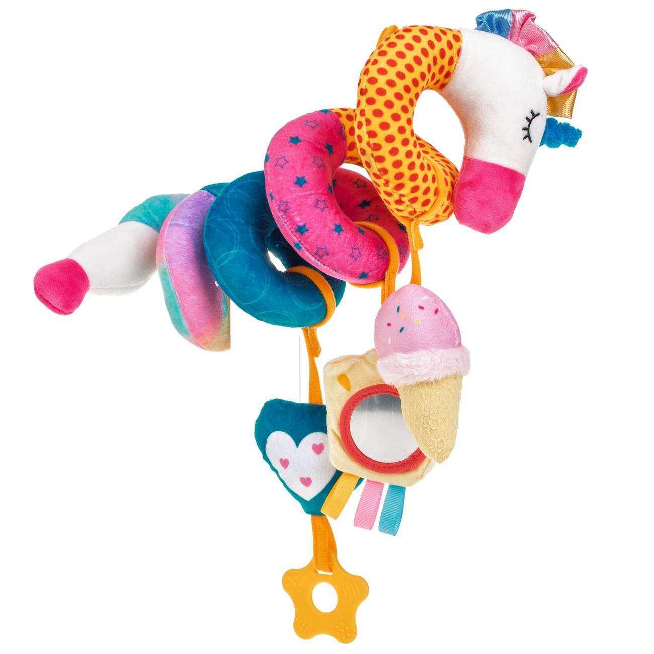 Jucarie pentru Patut Spiralata Unicorn cu Jucarie de Dentitie 25cm