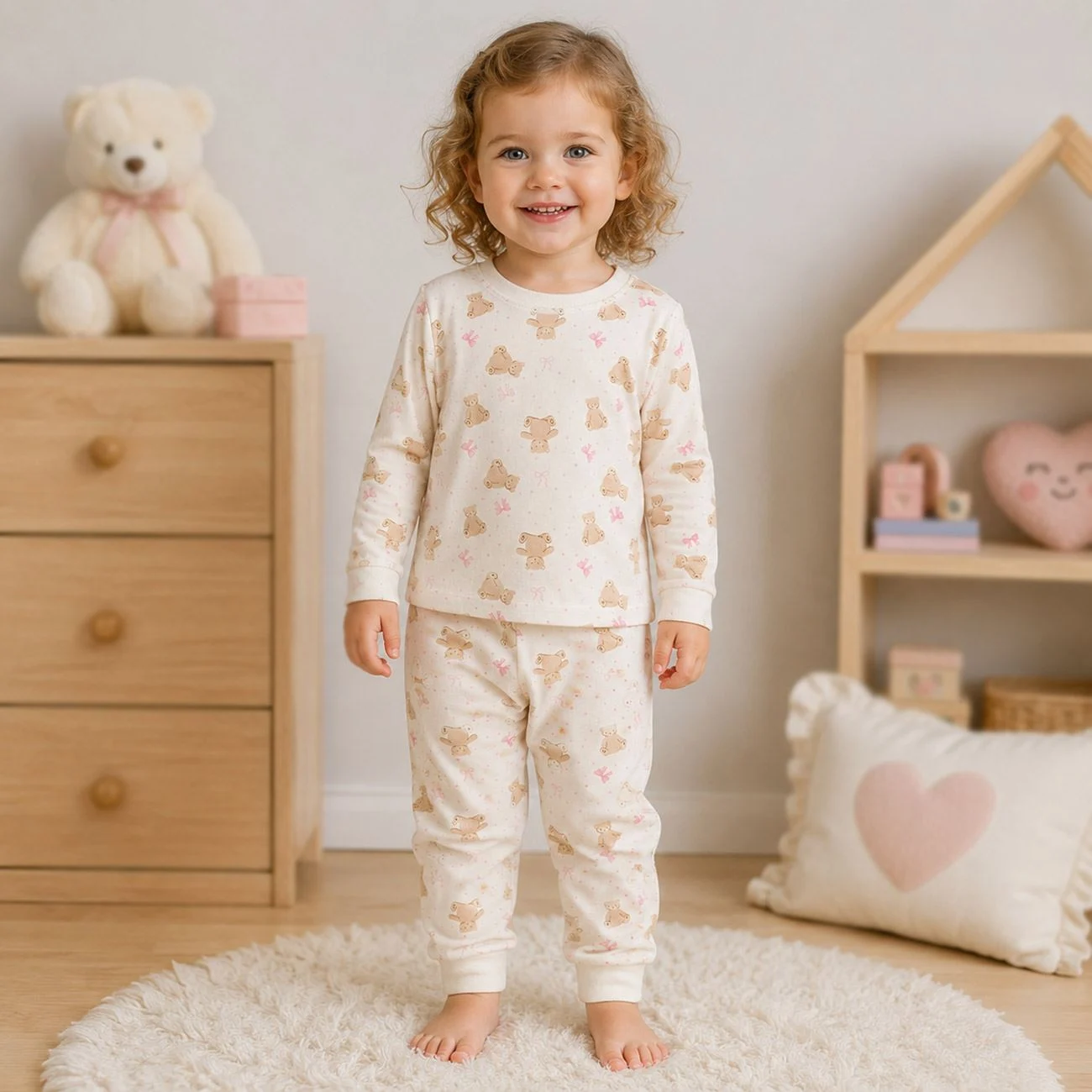 Pijama de Iarna din Bumbac Bej cu Model Ursuleti pentru Copii