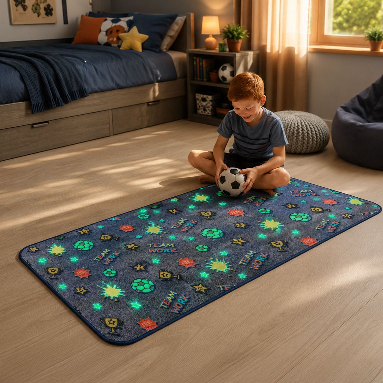 Covoras Decorativ Fosforescent Cupe & Mingi de Fotbal 140x60cm