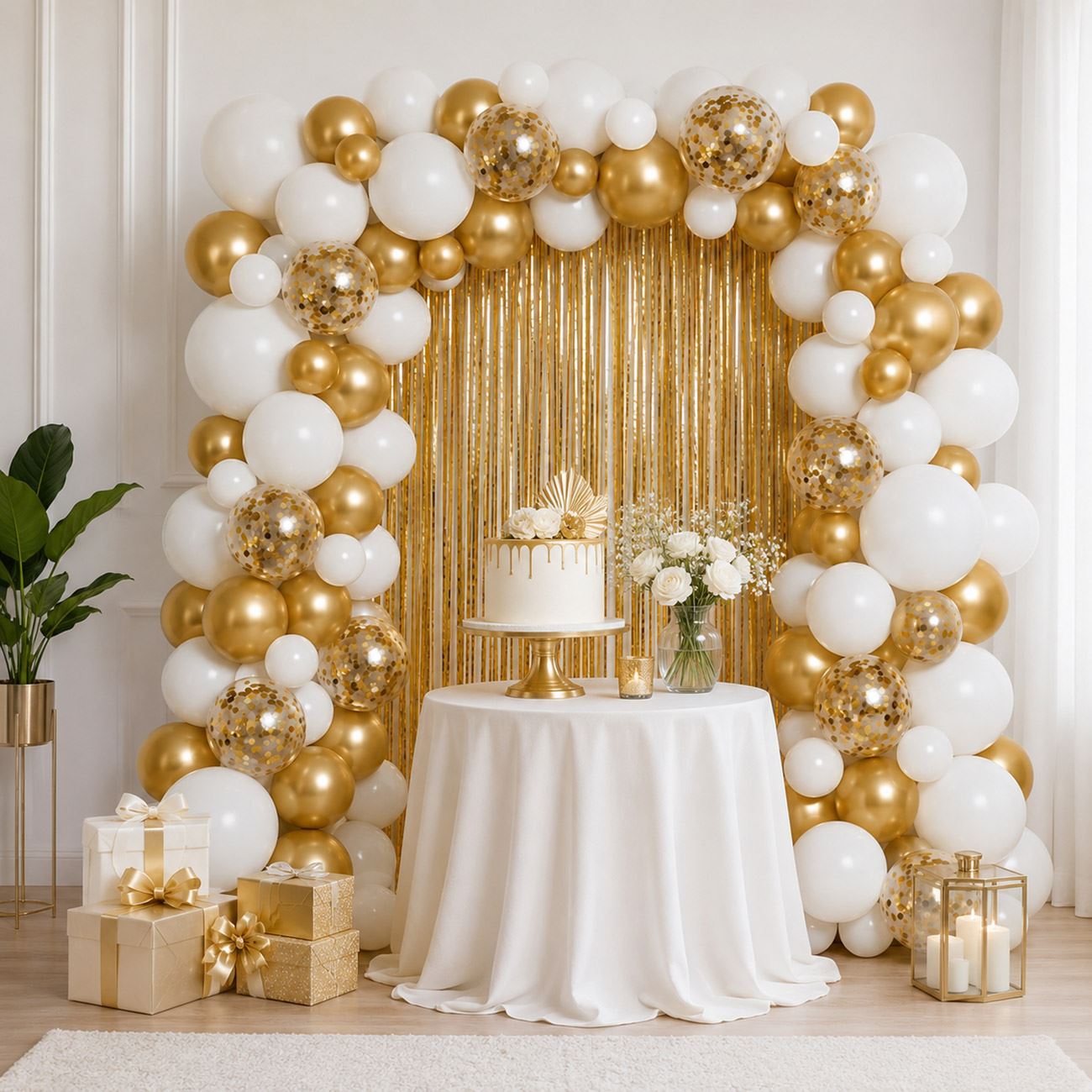 Set Decoratiuni pentru Petrecere cu Baloane Alb & Auriu 96buc