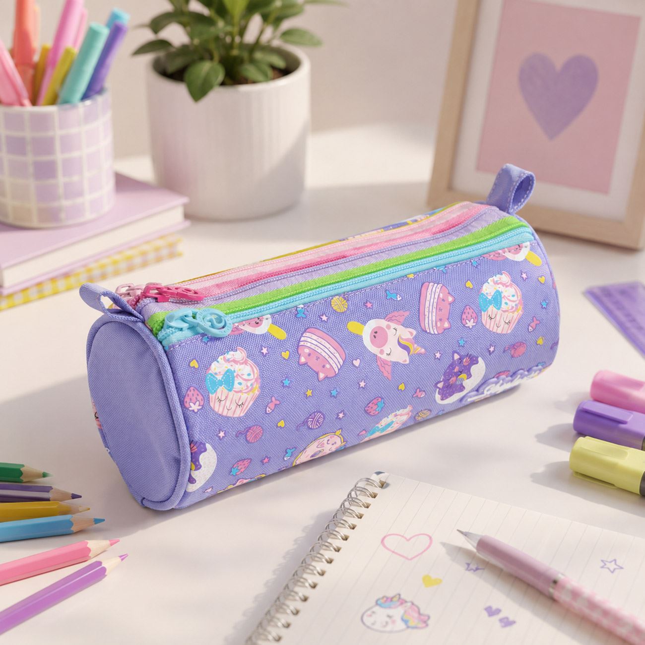 Penar Cilindric Mov Lila cu 3 Compartimente Model Dulciuri 22x8x8cm - poza 2