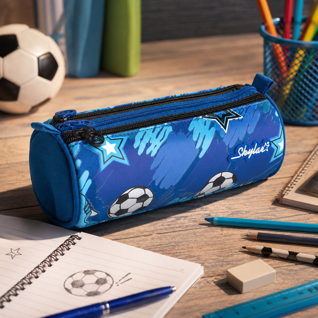 Penar Cilindric Albastru Fotbal cu 3 Compartimente 22x8x8cm - poza 2