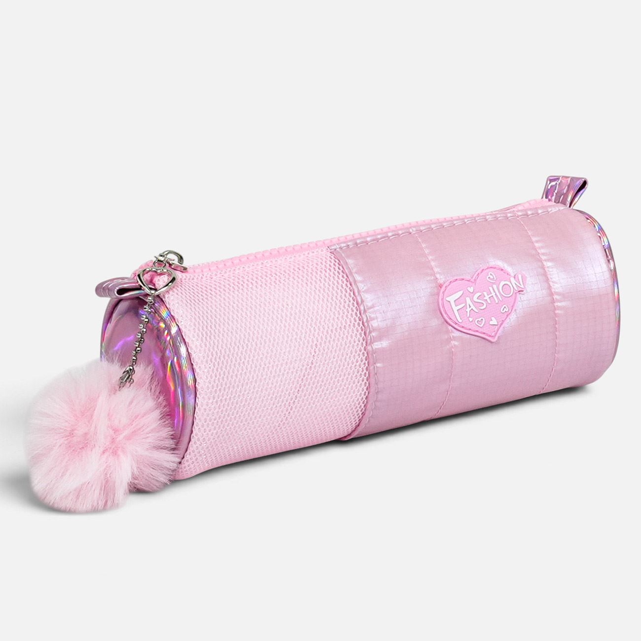 Penar Cilindric Puffy Roz cu Pompon 21x9x8cm