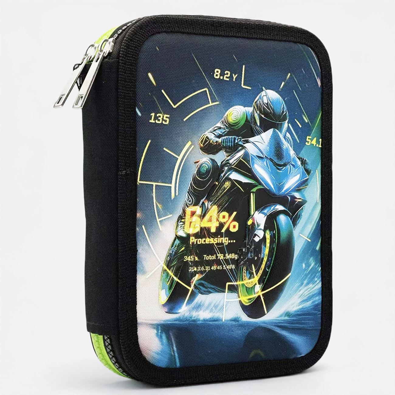 Penar Dublu Echipat Negru Verde Lime cu Motocicleta 14x4,5x20cm