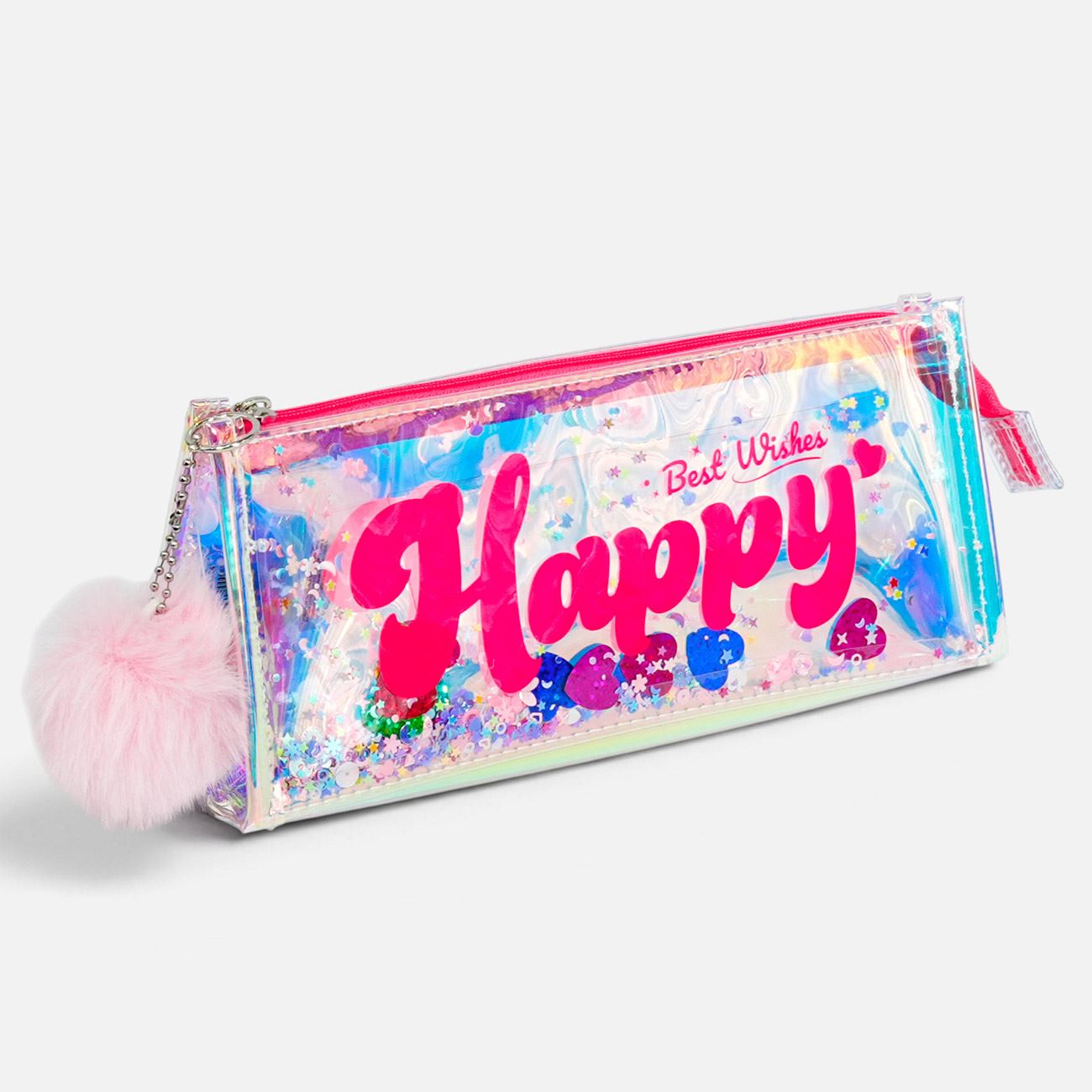 Penar Triunghiular Transparent Holografic cu Pompon 22x6x9cm