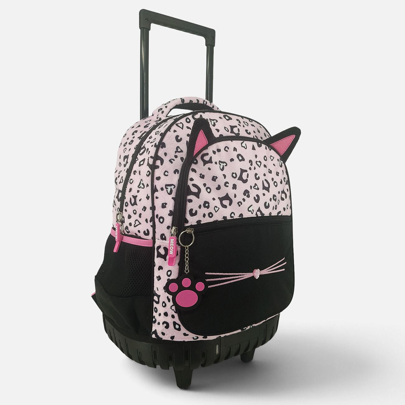 Ghiozdan Troler Scoala Primara Negru & Roz cu Leopard, Pisicuta & Breloc 33x20x38cm - poza 2