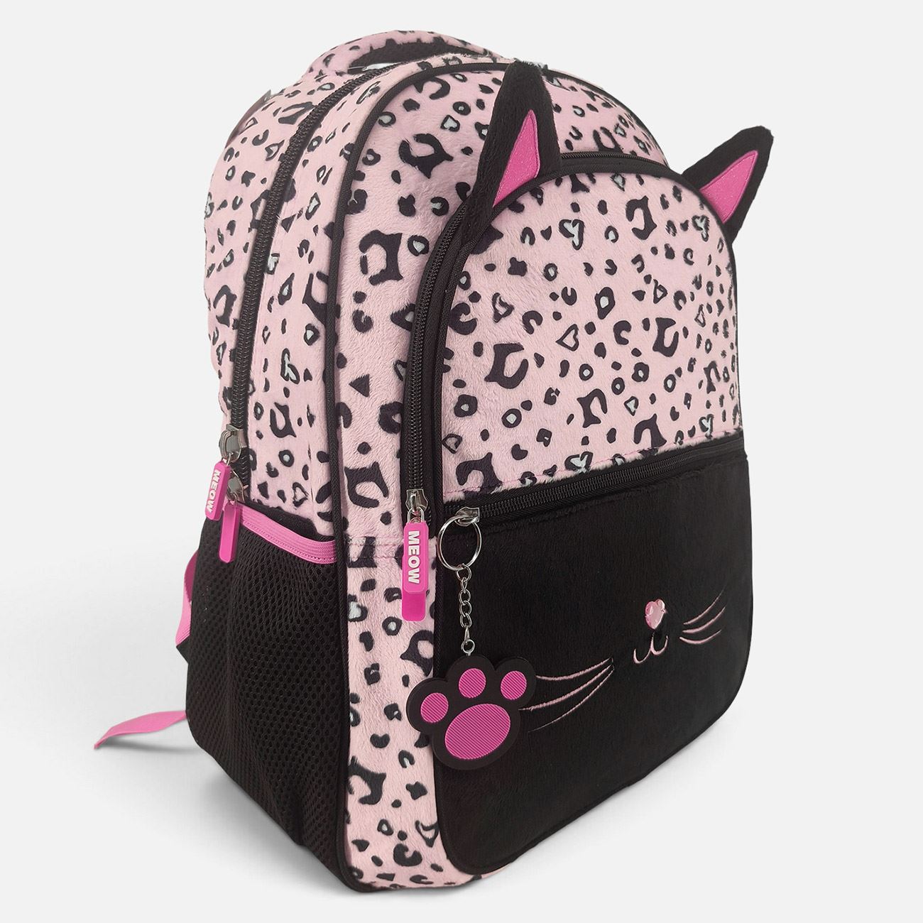 Ghiozdan Scoala Primara Negru & Roz cu Leopard Pisicuta & Breloc 30x16x42cm - poza 2