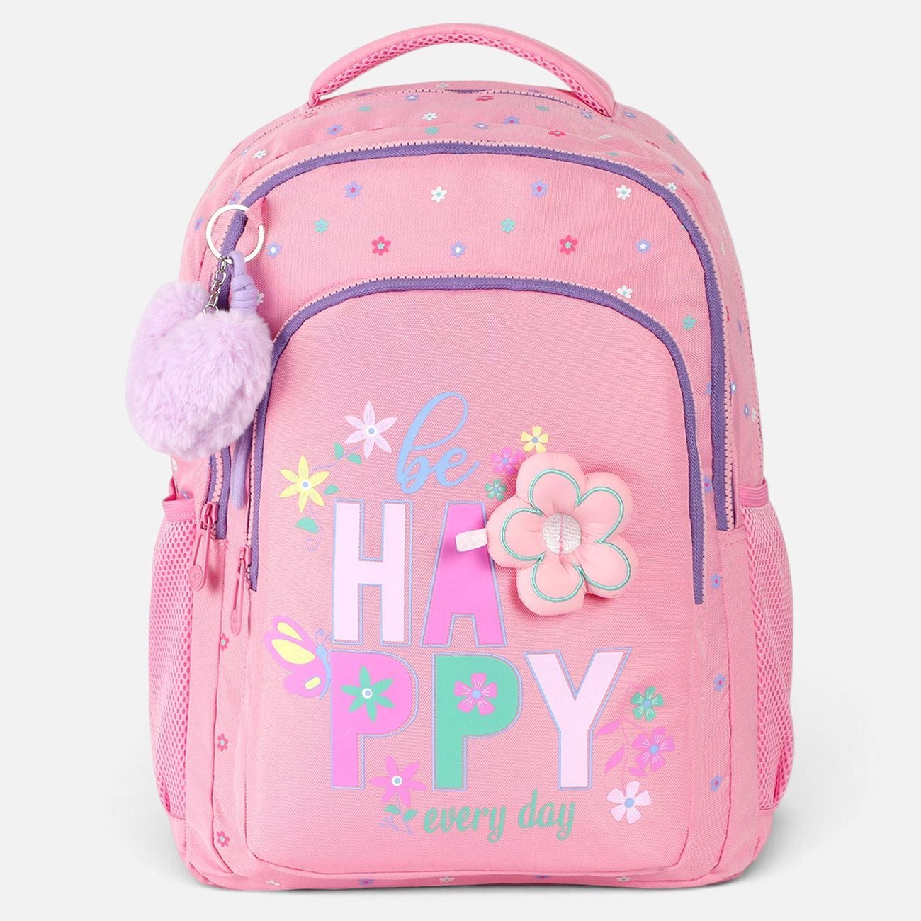 Ghiozdan Roz Puffy cu Floare & Breloc Pompon "Happy" pentru Scoala Primara - 30x17x41cm