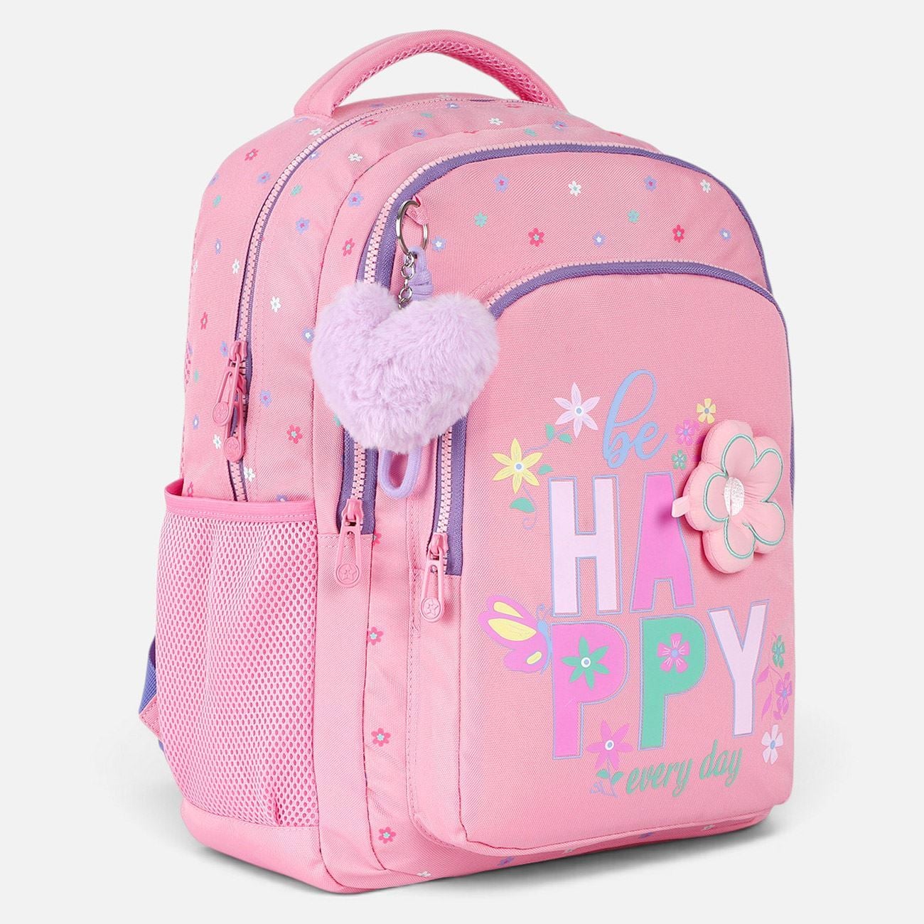 Ghiozdan Roz Puffy cu Floare & Breloc Pompon "Happy" pentru Scoala Primara - 30x17x41cm - poza 3