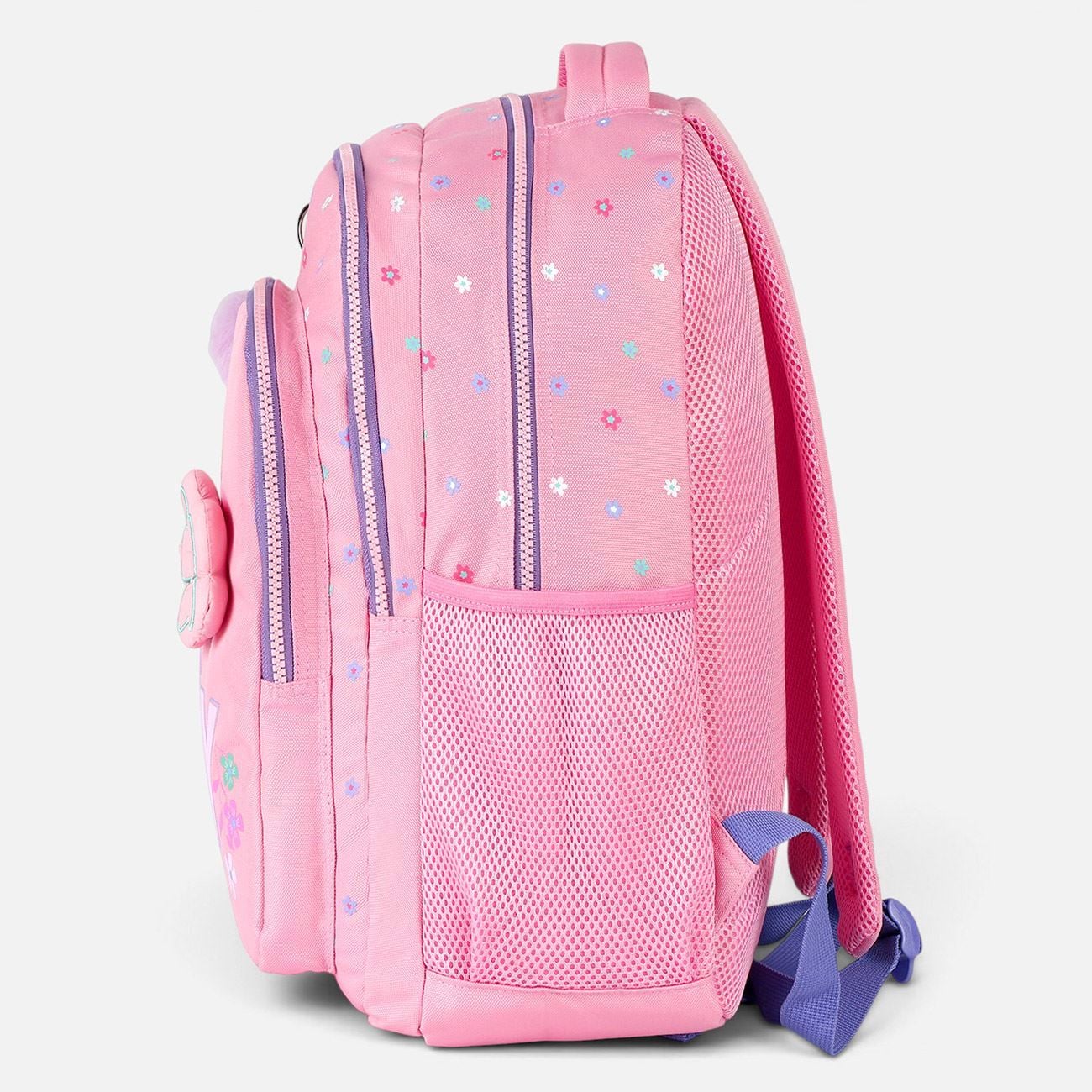 Ghiozdan Roz Puffy cu Floare & Breloc Pompon "Happy" pentru Scoala Primara - 30x17x41cm - poza 4