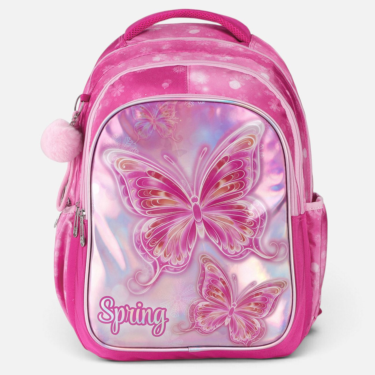 Ghiozdan Scoala Primara Fucsia Holografic cu Fluturi & Breloc 31x19x44cm