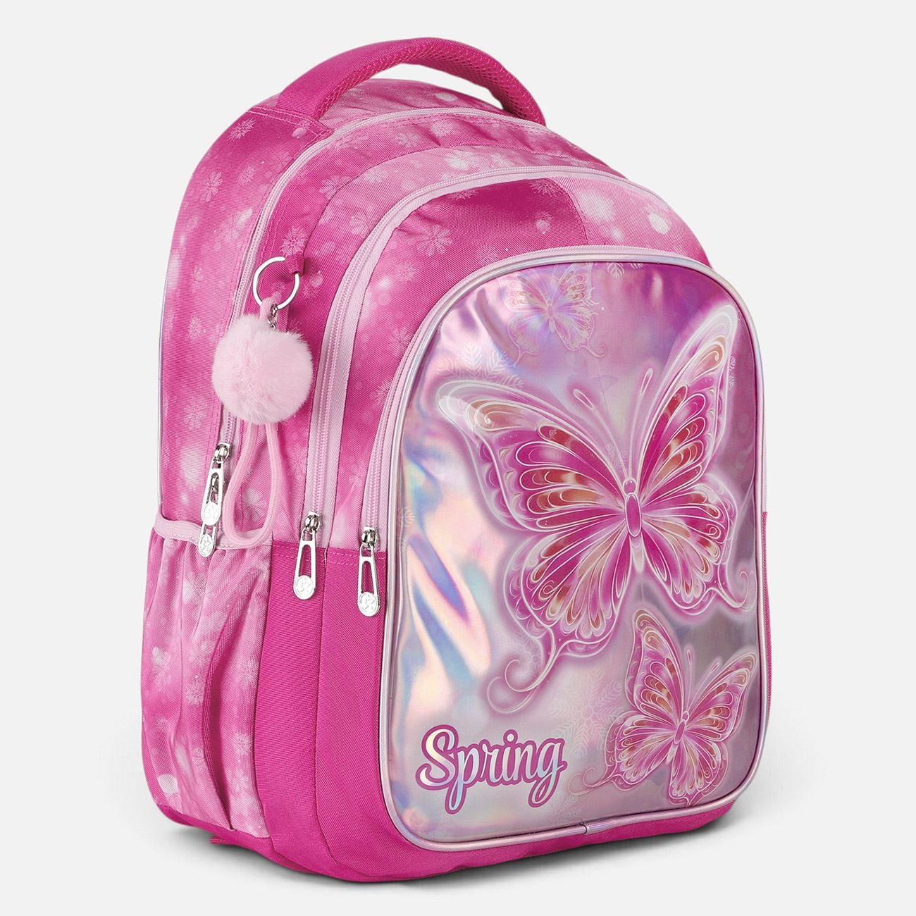 Ghiozdan Scoala Primara Fucsia Holografic cu Fluturi & Breloc 31x19x44cm - poza 2