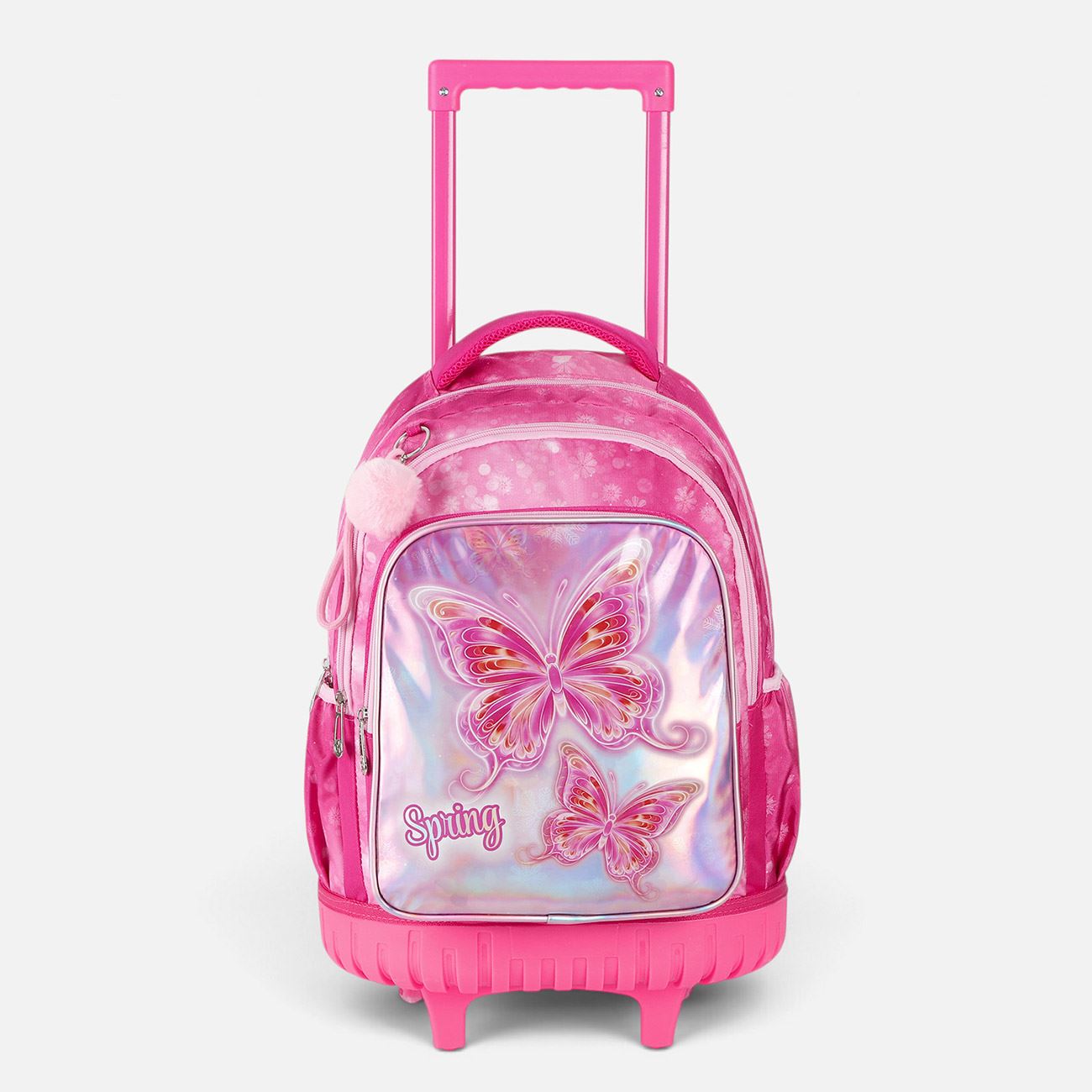 Ghiozdan Troler Roz Holografic cu Fluturi pentru Clasele Primare 34x22x44cm