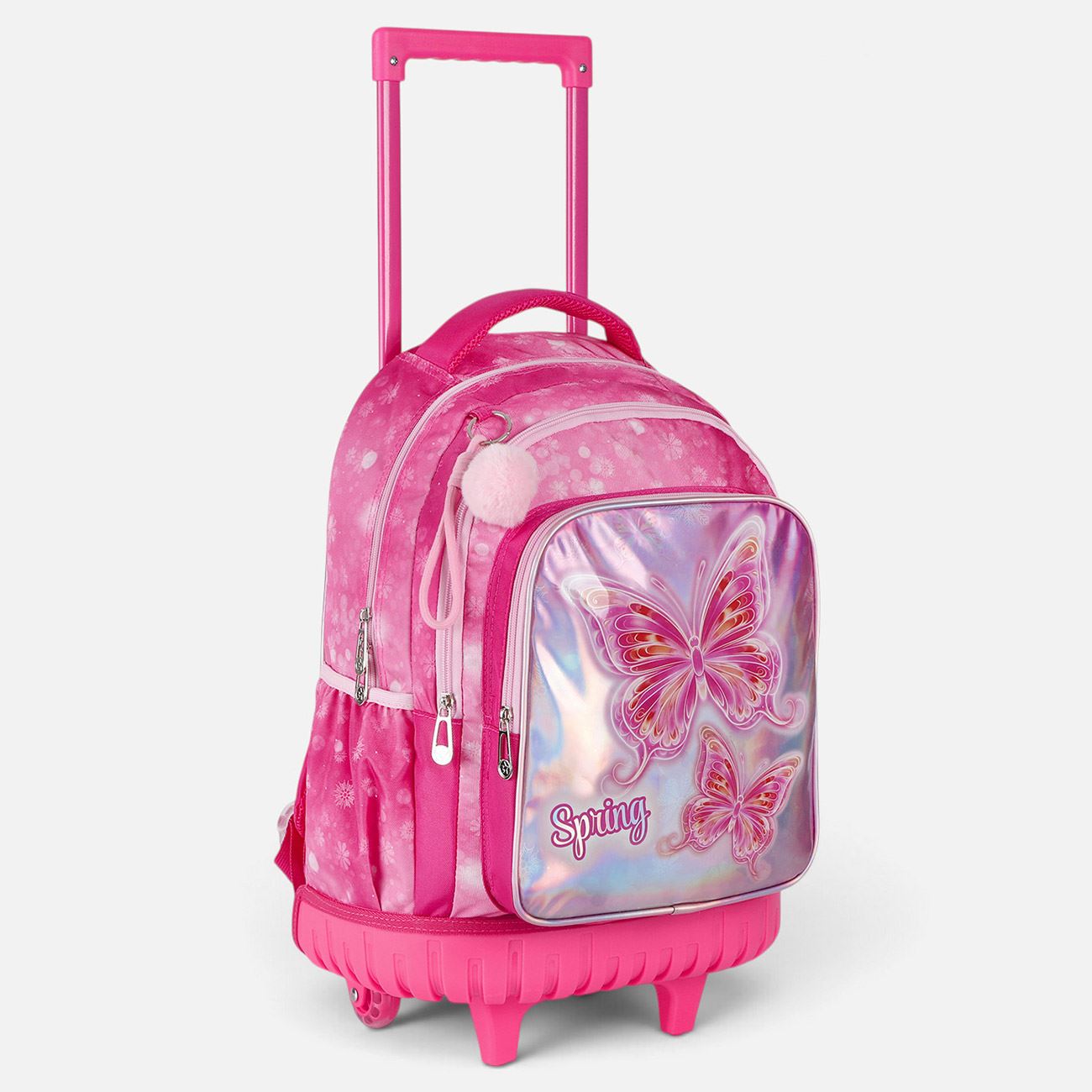 Ghiozdan Troler Roz Holografic cu Fluturi pentru Clasele Primare 34x22x44cm - poza 2