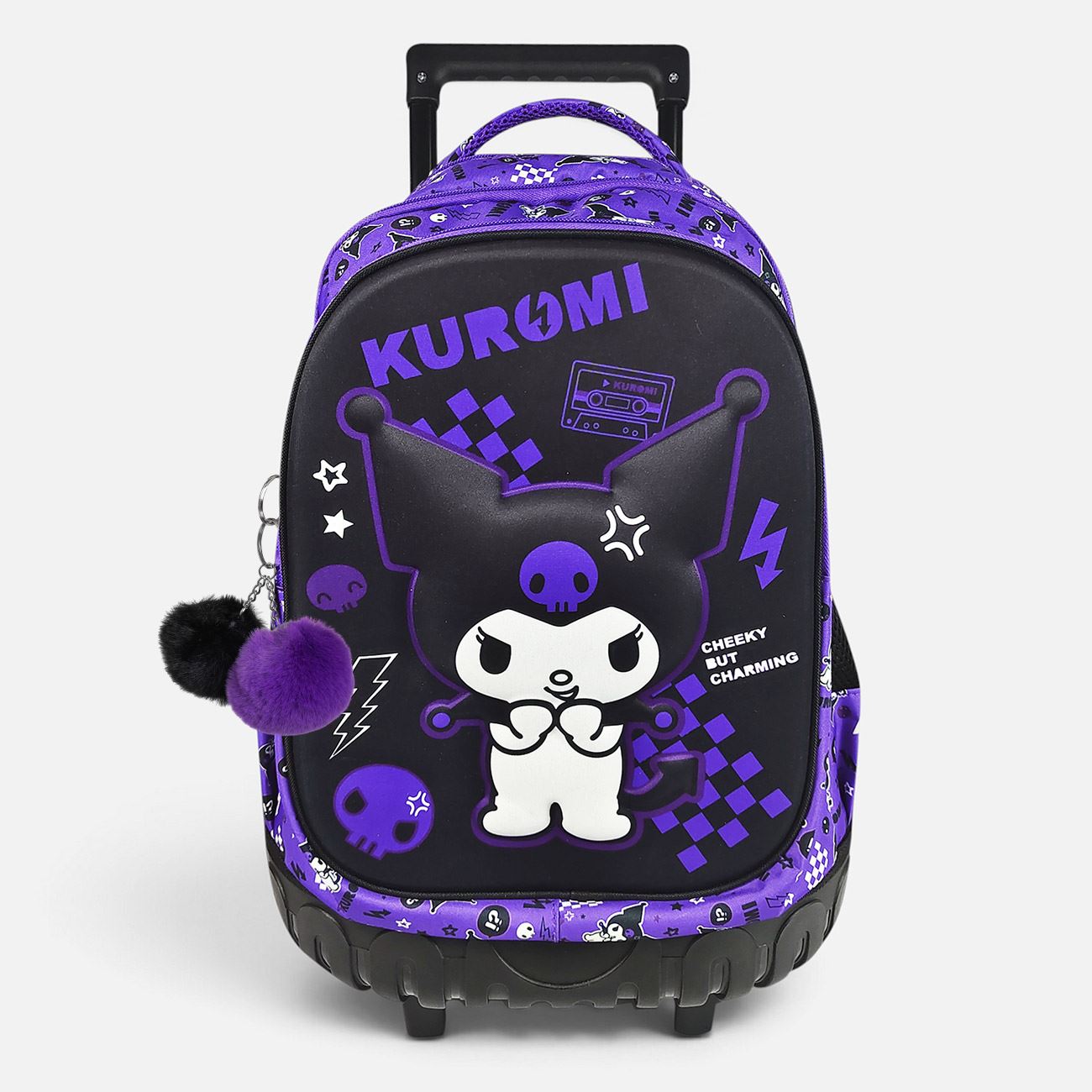 Ghiozdan Troler Negru & Mov 3D Kuromi cu Breloc 33x20x38cm