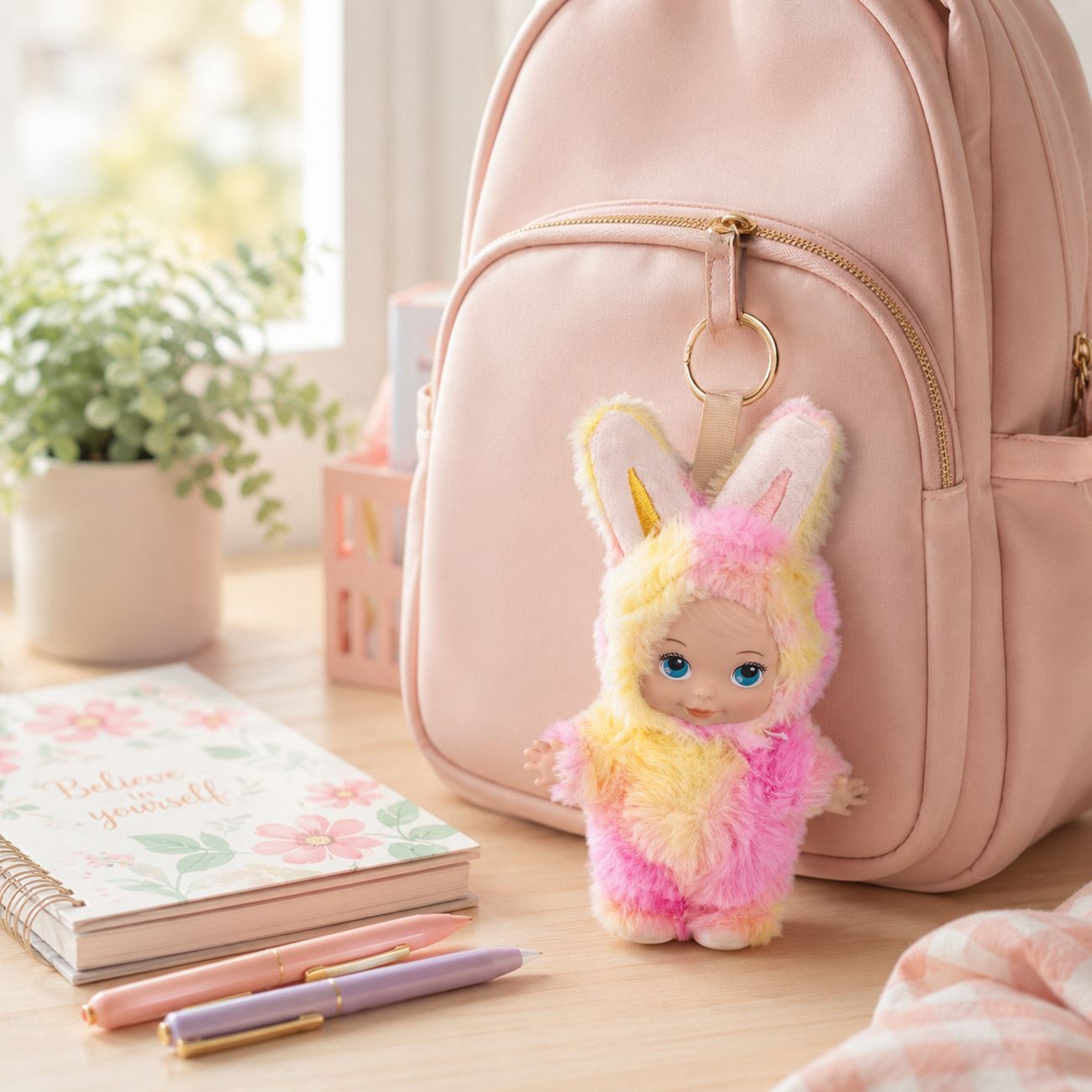 Papusa Mini Bebelus Iepuras Roz cu Breloc 19cm - poza 2