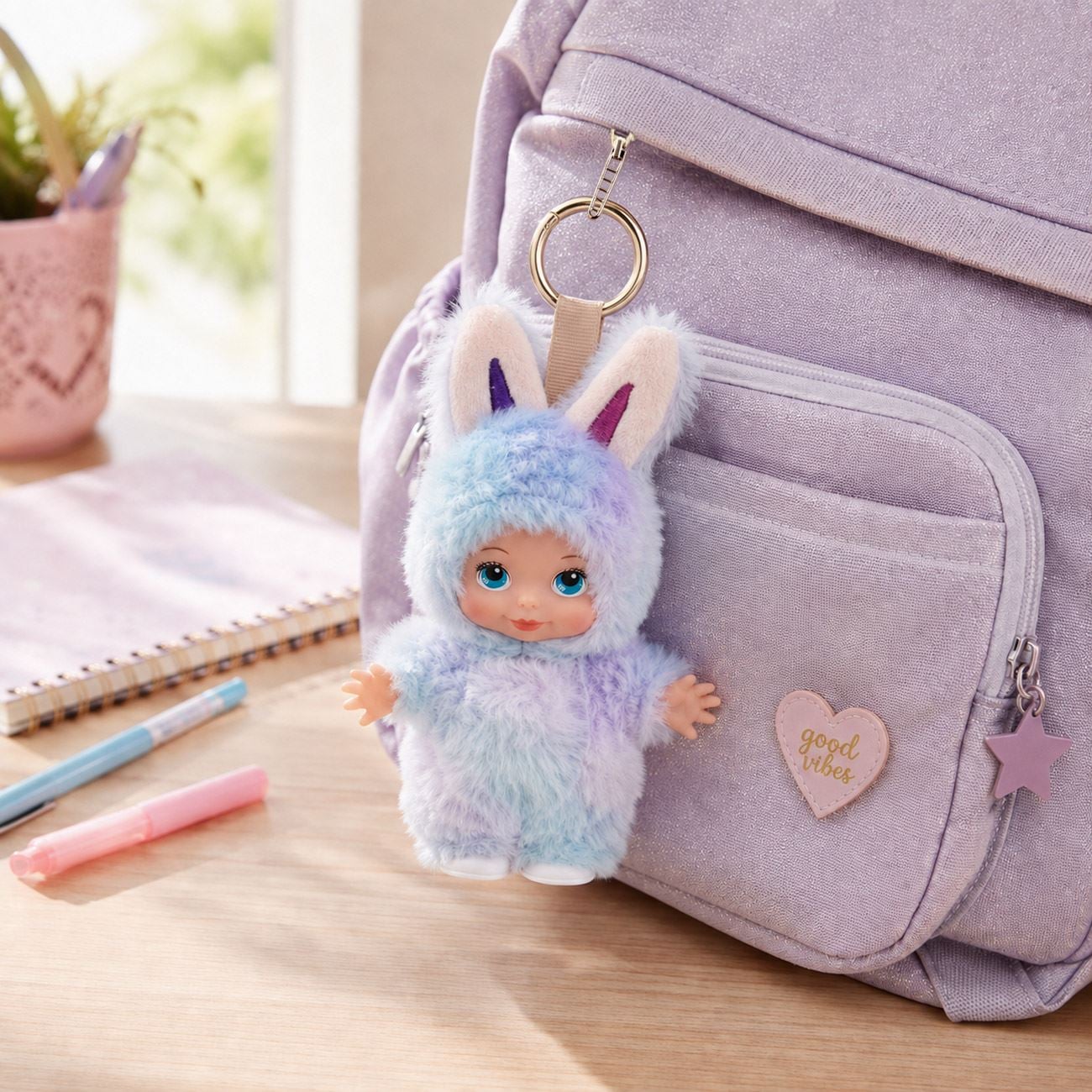 Mini Bebelus Imbracat in Iepuras Bleu & Lila cu Breloc 19cm - poza 2