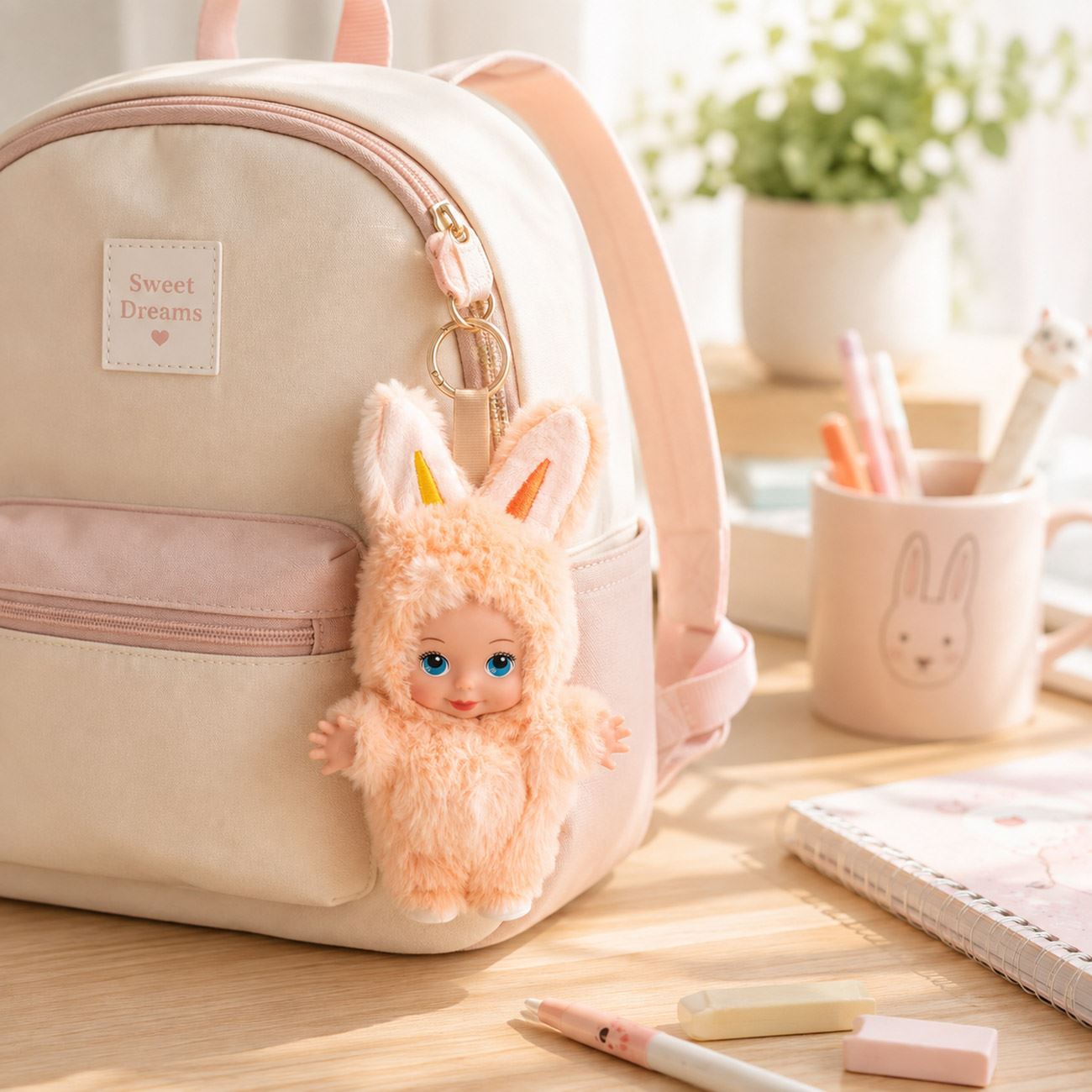 Mini Bebelus Imbracat in Iepuras Somon cu Breloc 19cm - poza 2