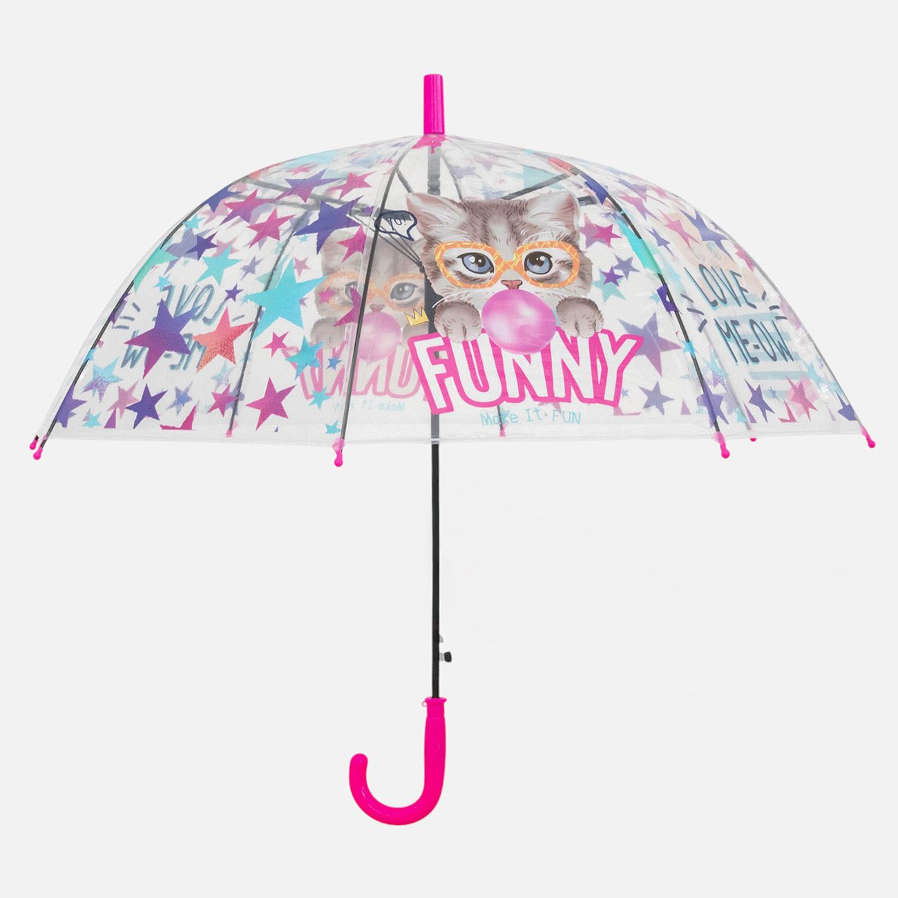 Umbrela de Ploaie Tip Baston Automata Transparenta Roz cu Pisici si Stele pentru Copii 65cm - poza 3