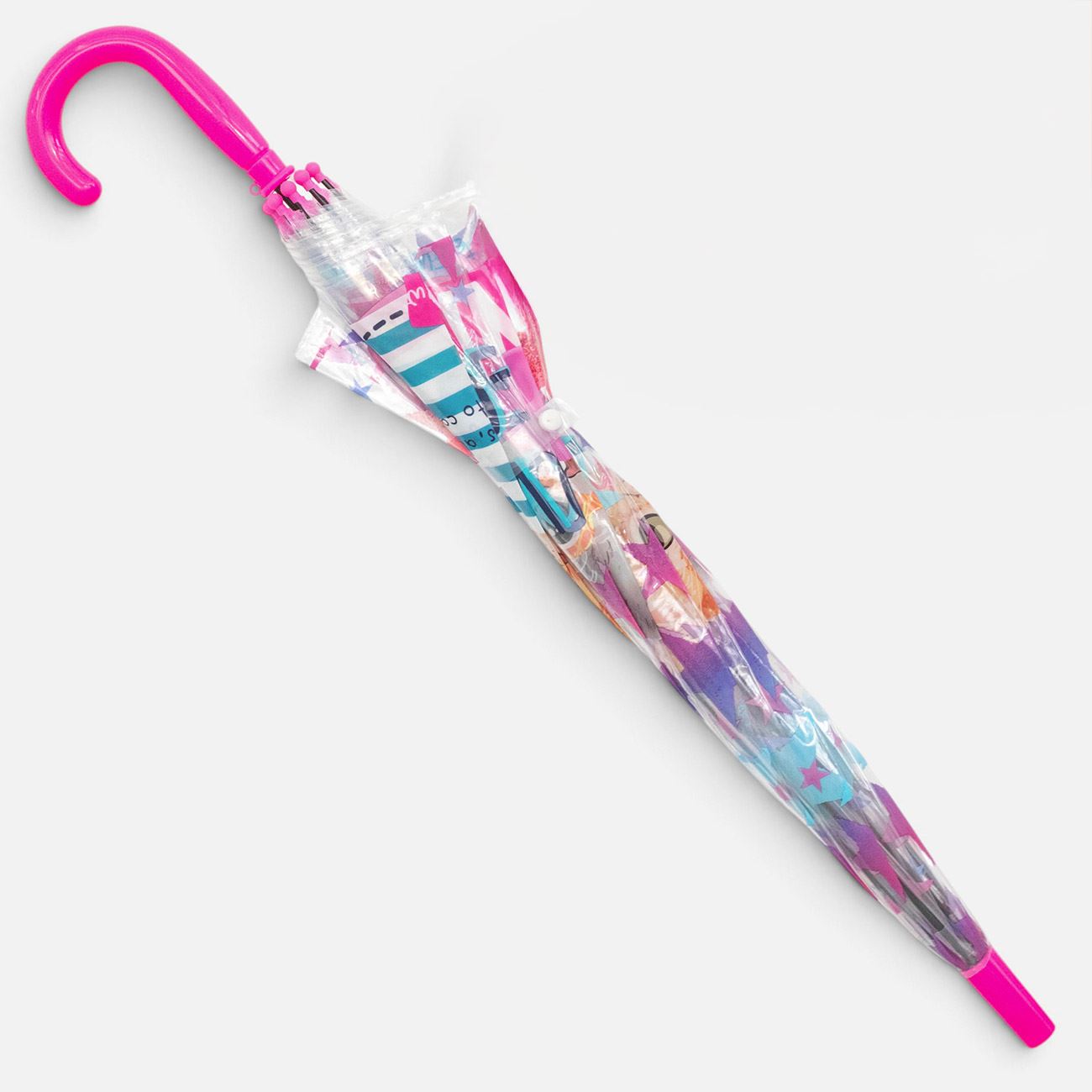 Umbrela de Ploaie Tip Baston Automata Transparenta Roz cu Pisici si Stele pentru Copii 65cm - poza 4