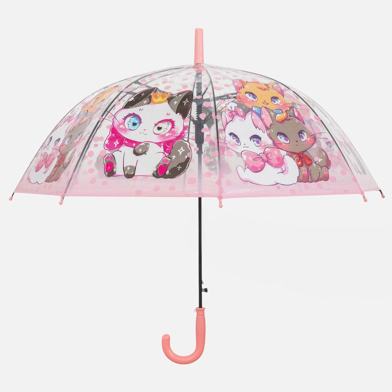 Umbrela de Ploaie Tip Baston Automata Transparenta Roz cu Pisici pentru Copii 67cm - poza 3
