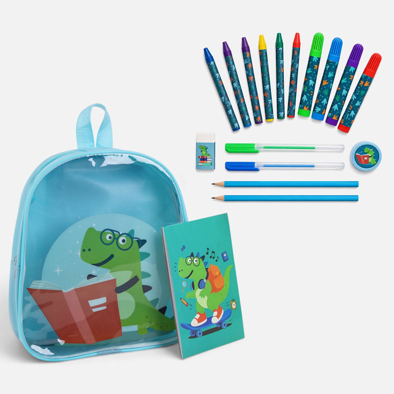 Set Scolar Bleu cu Ghiozdan Dinozaur & Accesorii - 18 piese