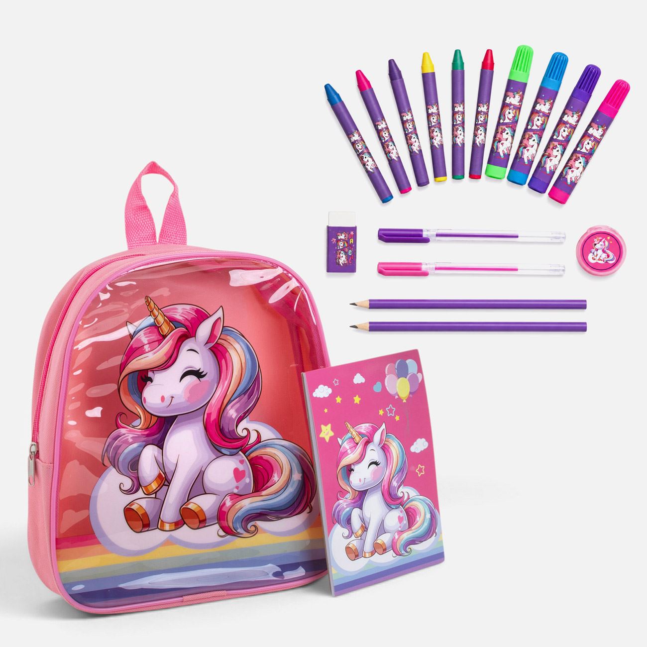 Set Scolar Roz cu Ghiozdan Unicorn & Accesorii - 18 piese