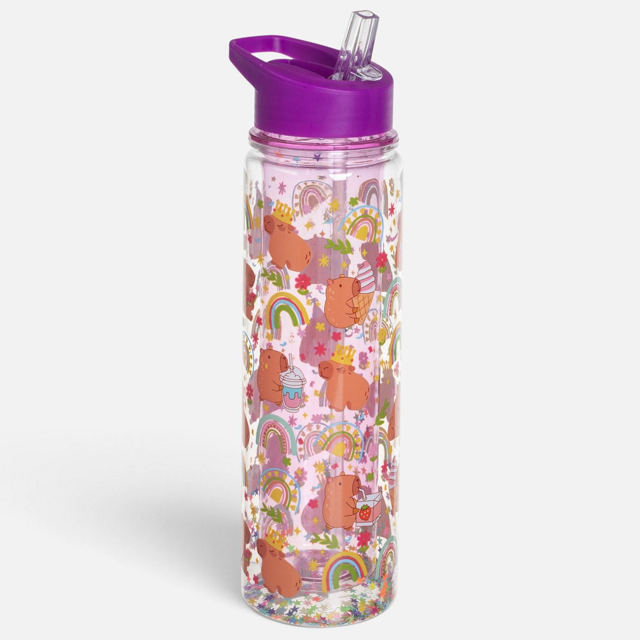 Sticla din Plastic Flip Top Transparenta Capybara cu Confetti pentru Copii 500ml