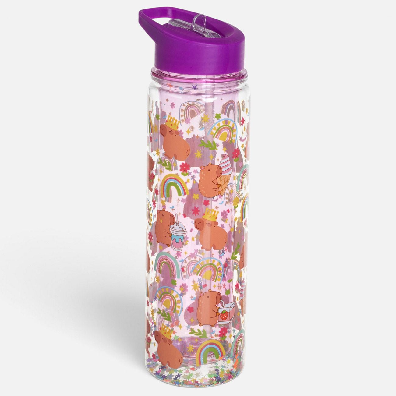 Sticla din Plastic Flip Top Transparenta Capybara cu Confetti pentru Copii 500ml - poza 2