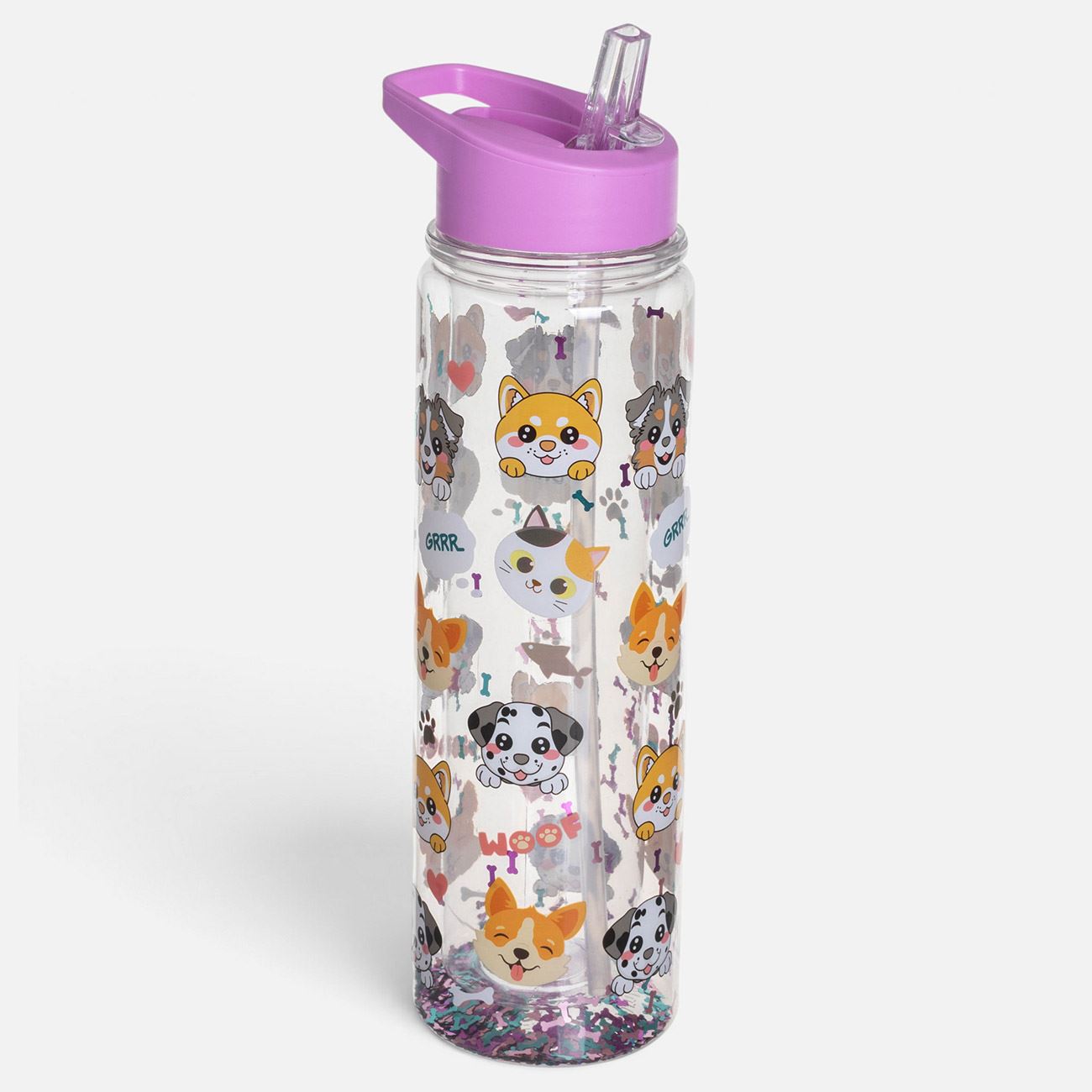 Sticla din Plastic Flip Top Transparenta Pisici, Catei si Confetti pentru Copii 500ml