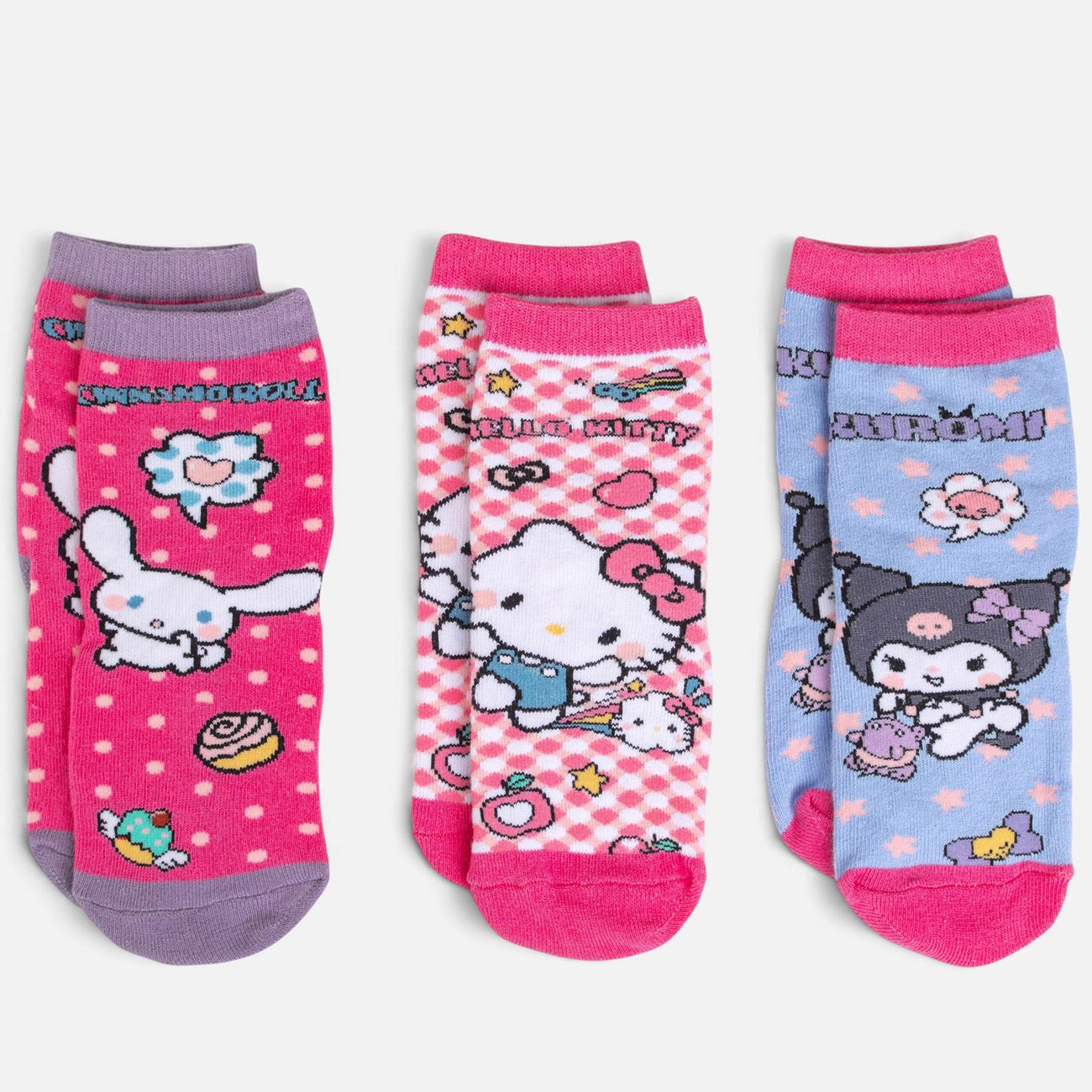 Sosete Scurte Albe Roz si Ciel Hello Kitty - 3 Perechi